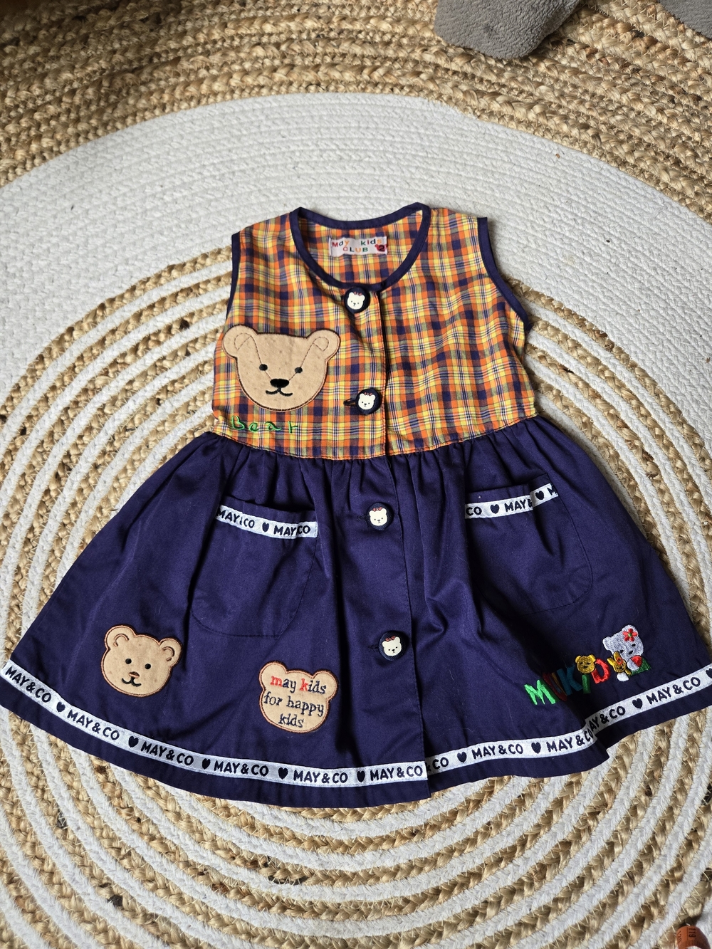 Vintage 90s May & Co Navy and Orange Plaid Girls' Casual Dress - Bears